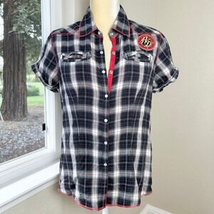 Harley Davidson Shirt Women M Plaid Short Sleev Pearl Snap Moto Patch Embroidery